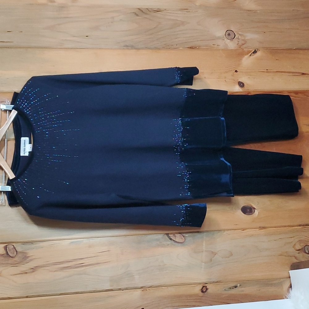 🐞Alfred Dunner 2 Pc. Navy Knit Velour Pants Sweater Set Size M 12